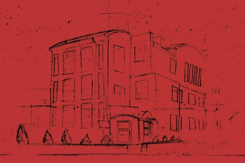 Na czerwonym tle rysunek czarną kreską budynku ODT Światowid