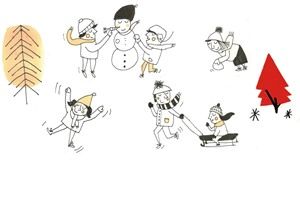 rysunek, na białym tle dzieci bawią się na śniegu, lepią bałwana, jadą na łyżwach, ciągną sanki