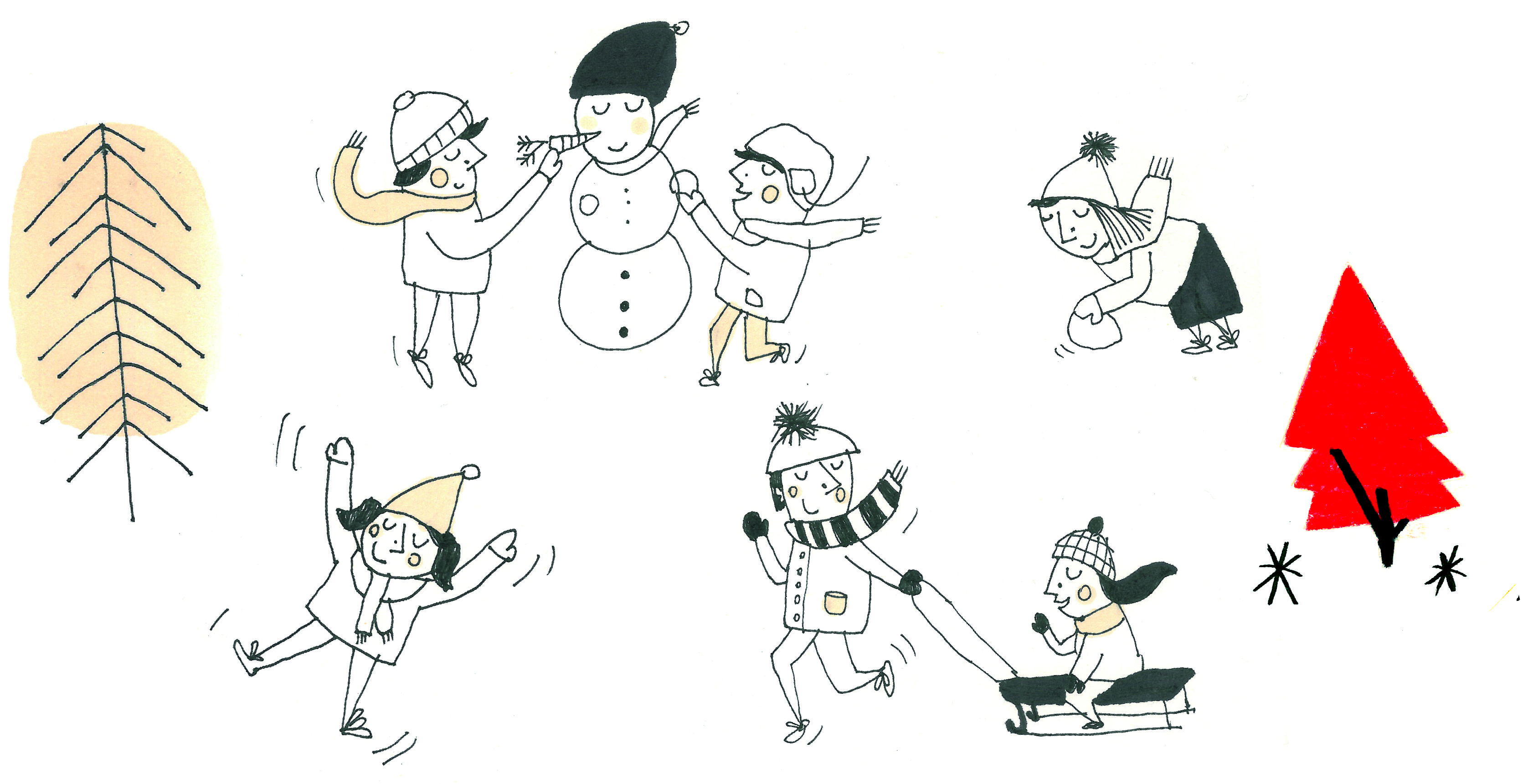 rysunek, na białym tle dzieci bawią się na śniegu, lepią bałwana, jadą na łyżwach, ciągną sanki