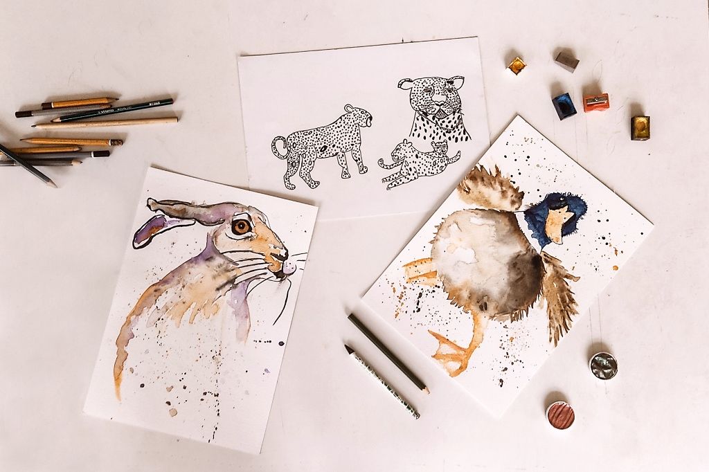 grafika | na szarym tle rysunki królika, tygrysa, kaczki