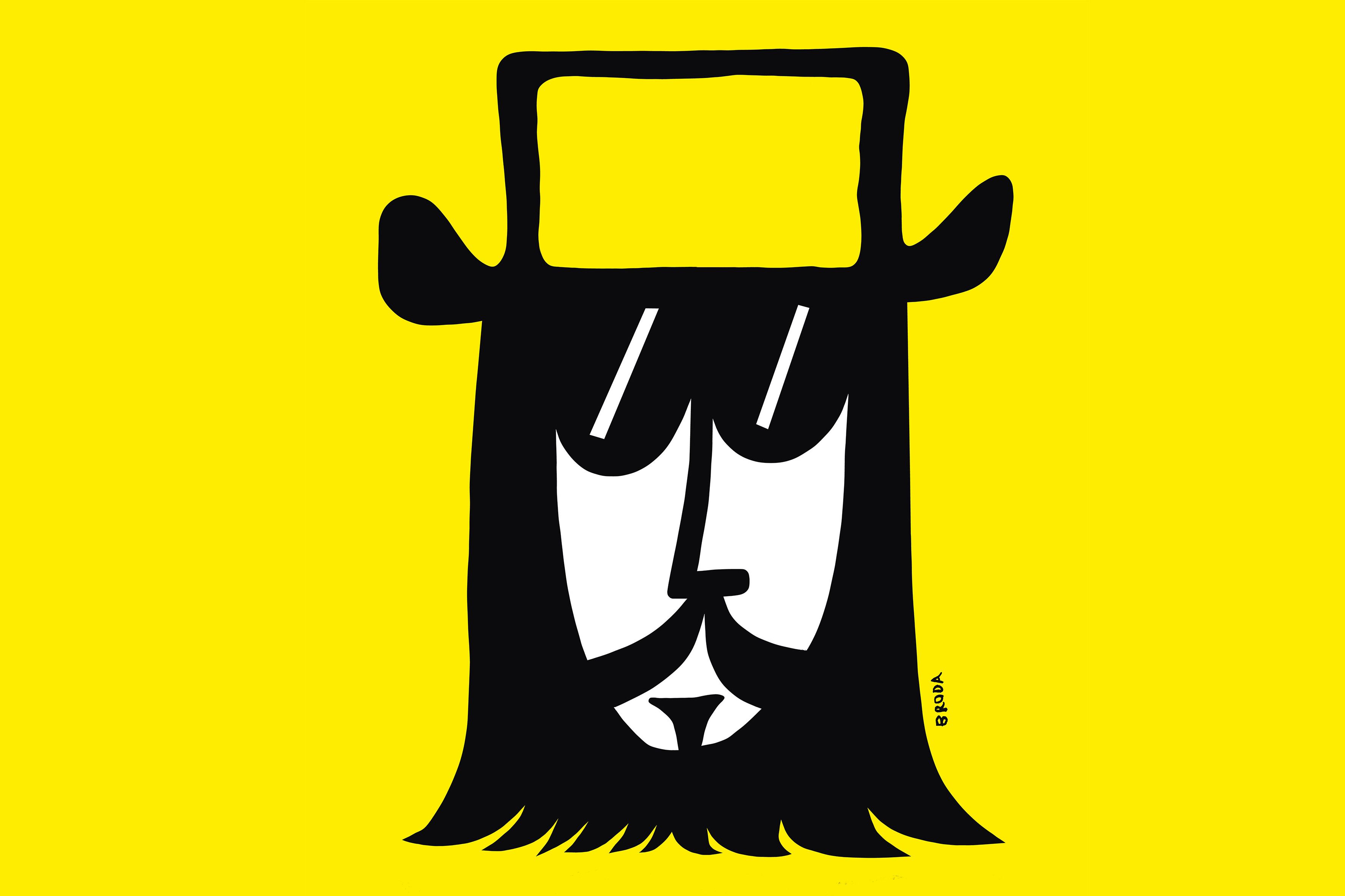 grafika; na żółtym tle twarz Czesława Niemena w okularach i w kapeluszu
