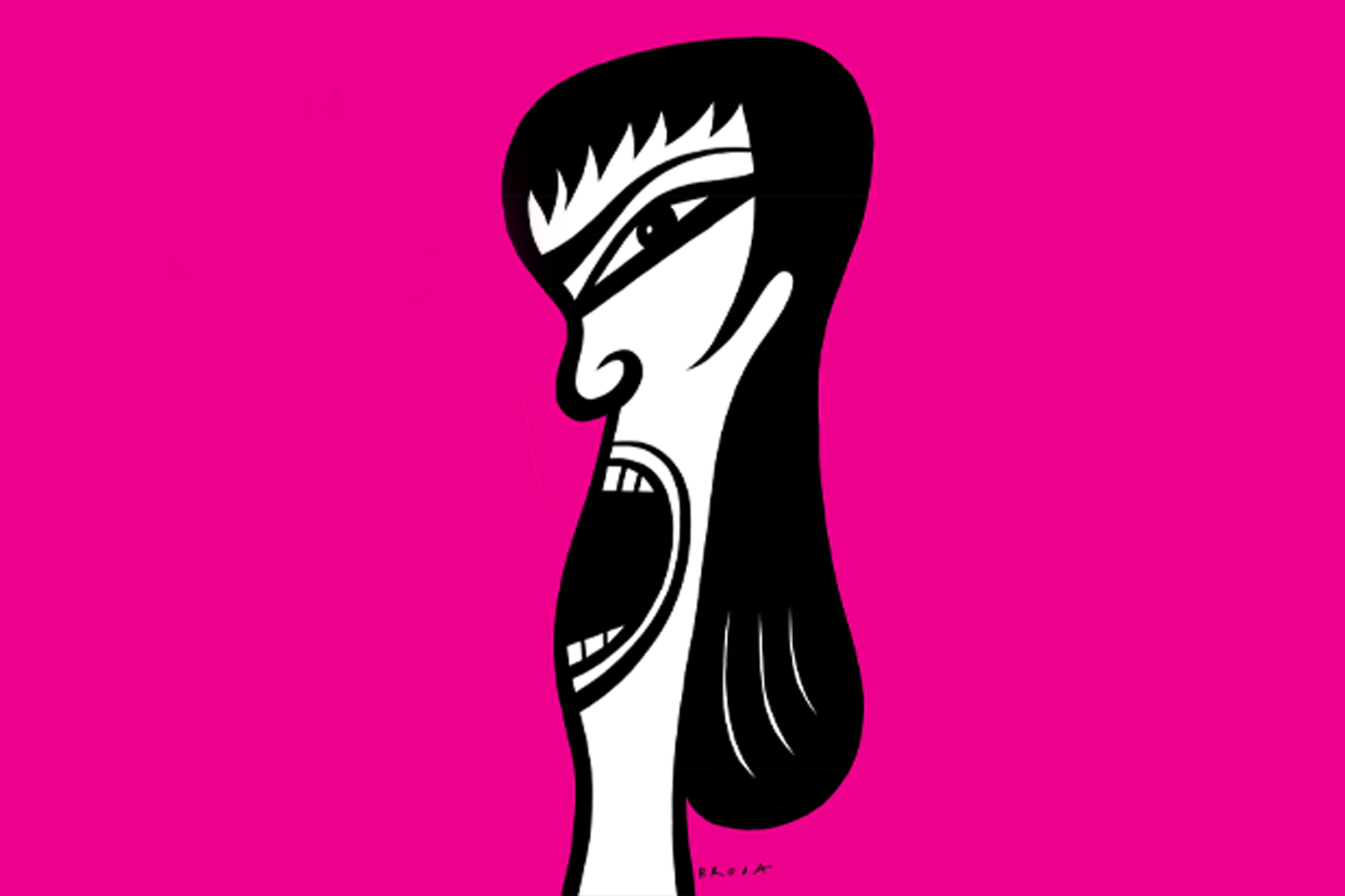 grafika; na różowym tle karykaturalny portret Ewy Demarczyk 