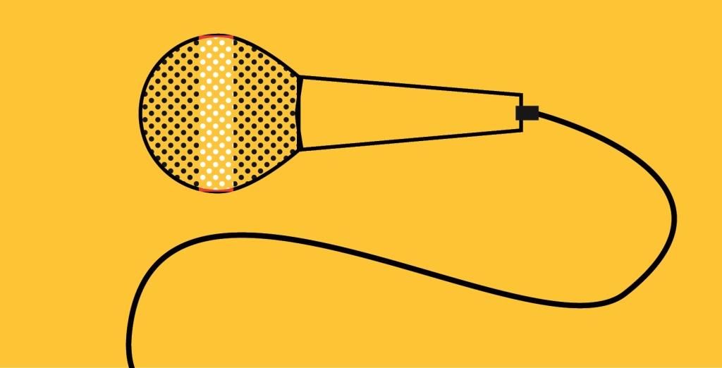 grafika; na żółtym tle czarny mikrofon z kablem