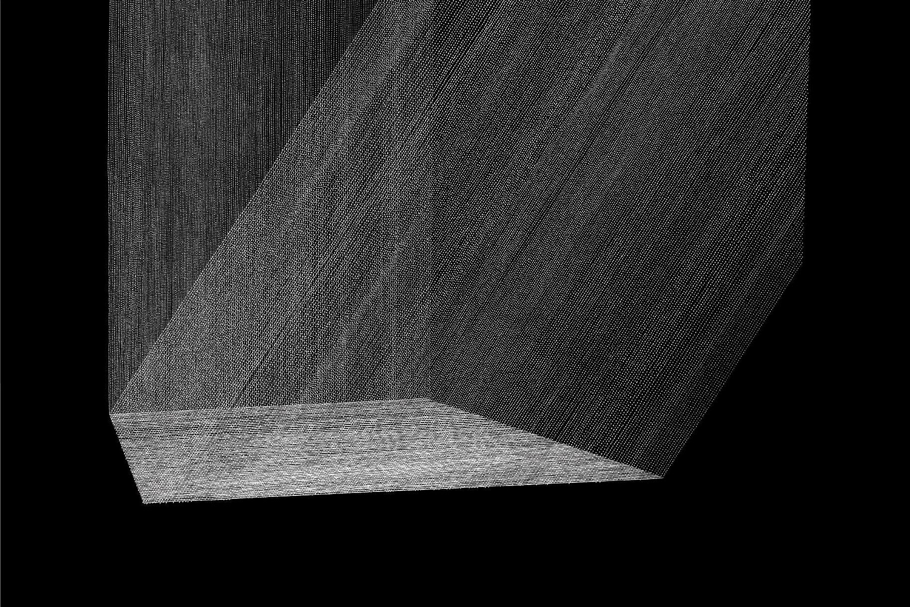 grafika | na czarnym tle układ cieniutkich białych linii (jak snop światła) biegnących pionowo i przecinających się pod kątem 40 st., tworzących biały prostokąt