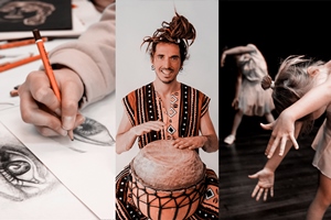 zdjęcie kolaż reklamujące zajęcia z rysunku, bębnów afrykańskich i tańca