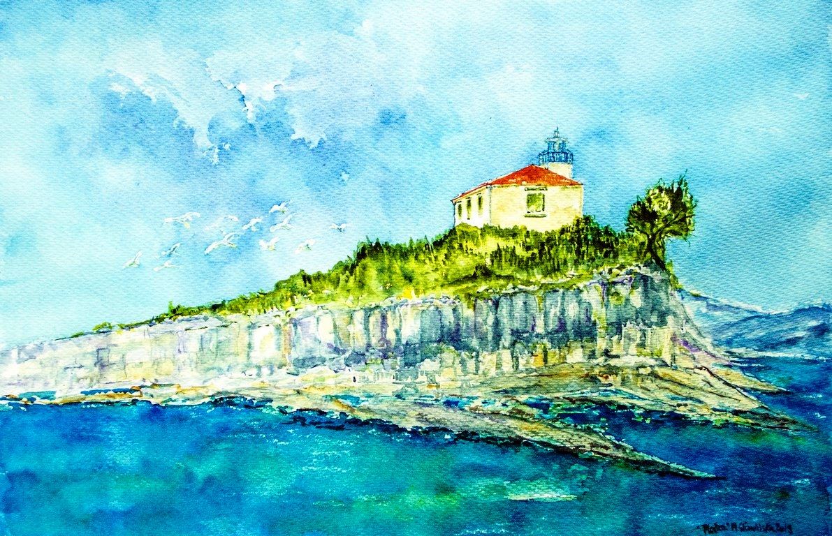 Akwarela - na pierwszym planie morze, na drugim skalista wyspa zwieńczona białym domkiem z wieżyczką
