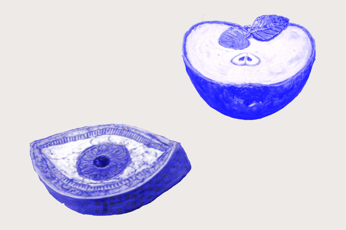 grafika | na błękitnym tle przedmioty/ rzeźby: połówka jabłka, oko